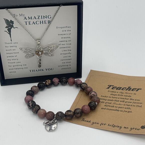Teacher Appreciation Gifts Dragonfly Necklace & Stone Bracelet New - Picture 1 of 5